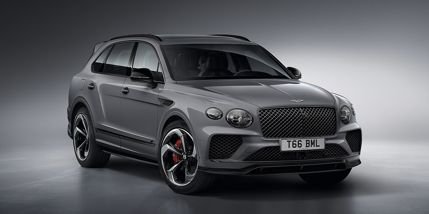Bentley Jiaxing Bentley Bentayga S in Cambrian Grey paint front three - quarter view with dark chrome matrix grille and featuring elliptical LED matrix headlights. 