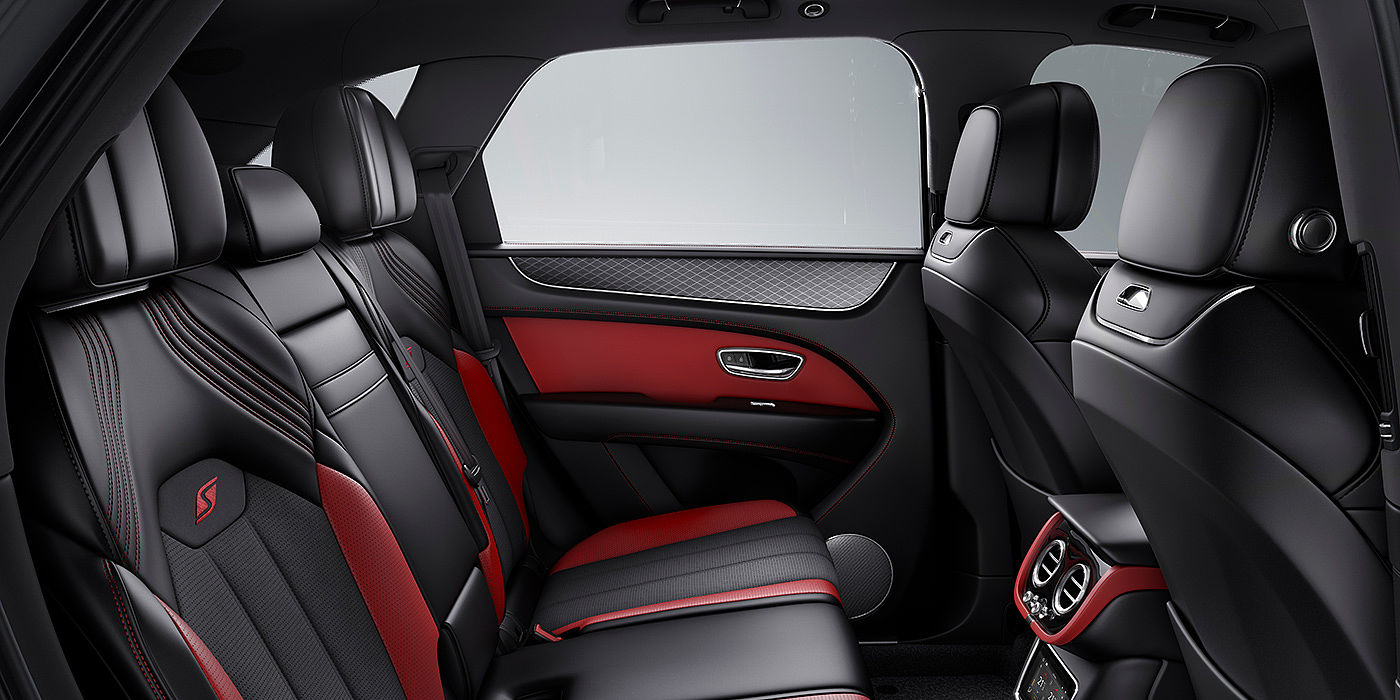 Bentley Jiaxing Bentey Bentayga S interior view for rear passengers with Beluga black and Hotspur red coloured hide.