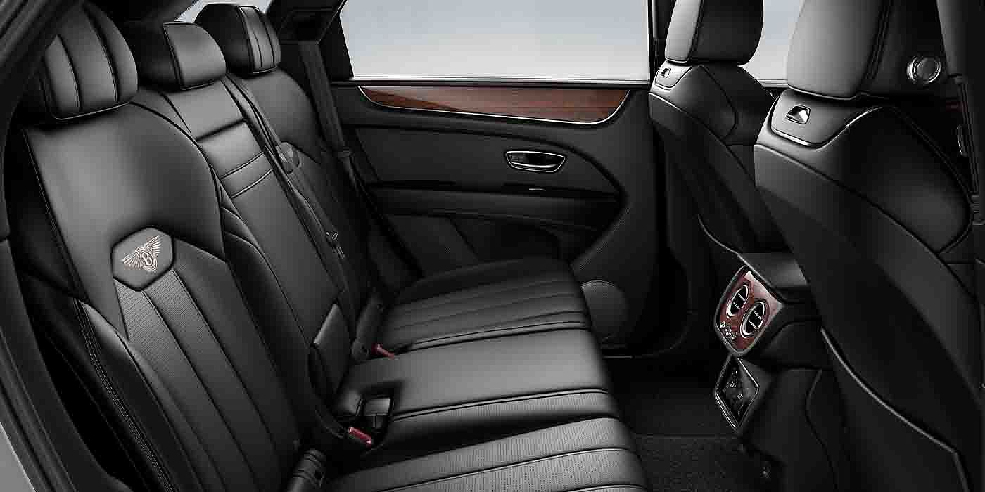 Bentley Jiaxing Bentley Bentayga EWB interior view for rear passengers with Beluga black hide.